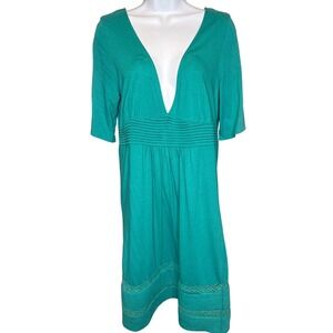NWT Sweetees Womens Teal Dress Sz L Pintuck Lace Trim Boho Coastal Beachy Femme